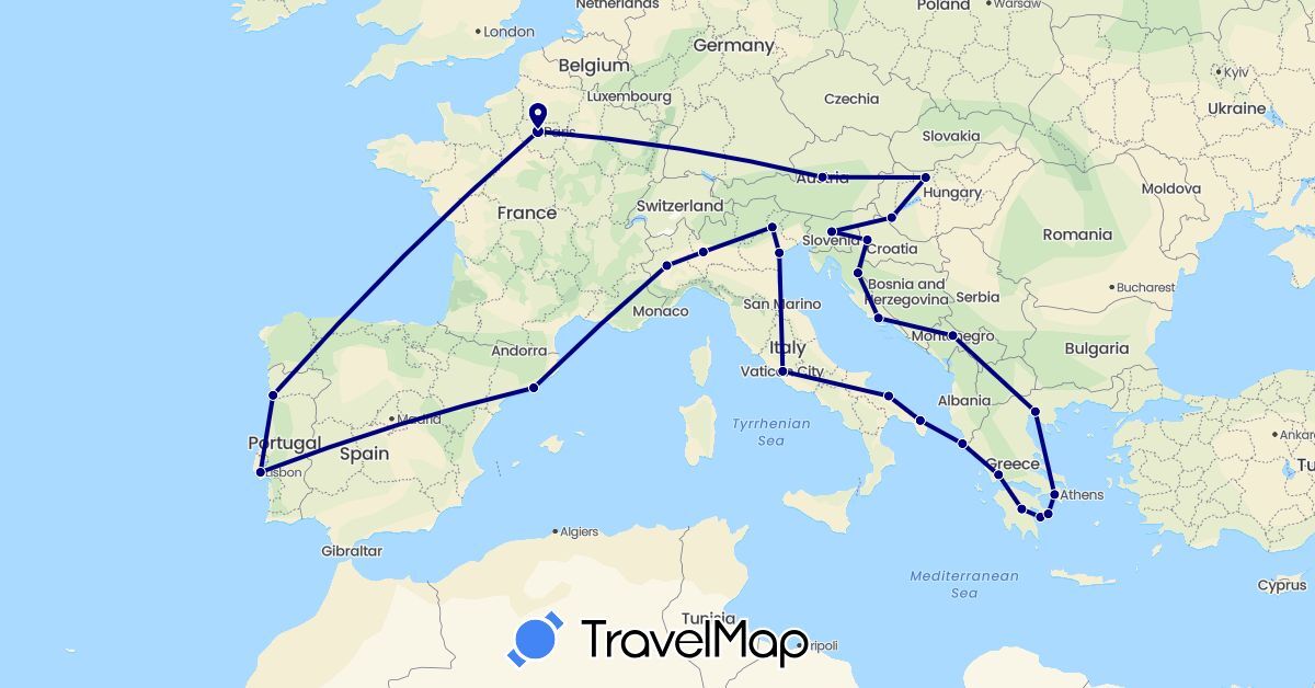 TravelMap itinerary: driving in Austria, Spain, France, Greece, Croatia, Hungary, Italy, Montenegro, Portugal, Slovenia (Europe)